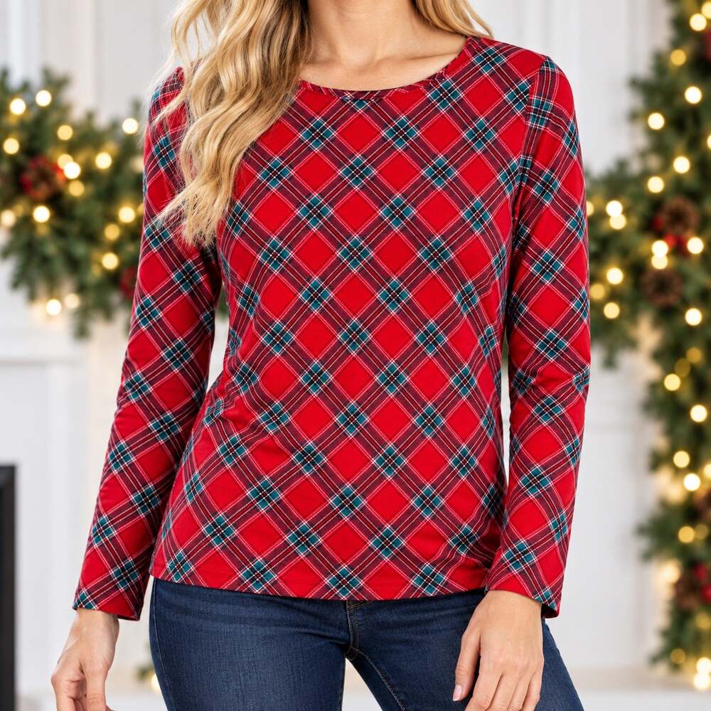The TALBOTS Tee XL Red Cozy Soft Plaid Christmas Holiday Blouse Shirt Top